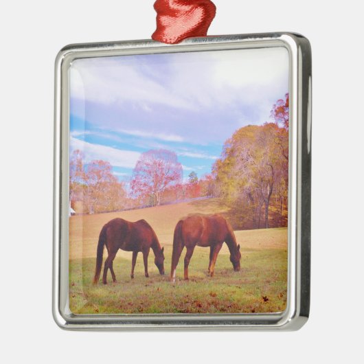 2 Bruine paarden in een gekleurd veld Metalen Ornament (Links)