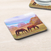 2 Bruine paarden in een gekleurd veld Onderzetter (Linkerzijde)