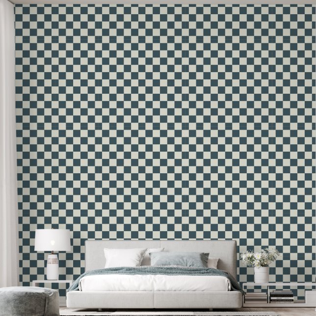 2" Checkerboard Donker Blauwgroen Blauw & Ivoor Wi Behang (Slaapkamer)