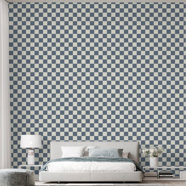 2" Checkerboard Slate Blue & Ivory White Behang (Slaapkamer)
