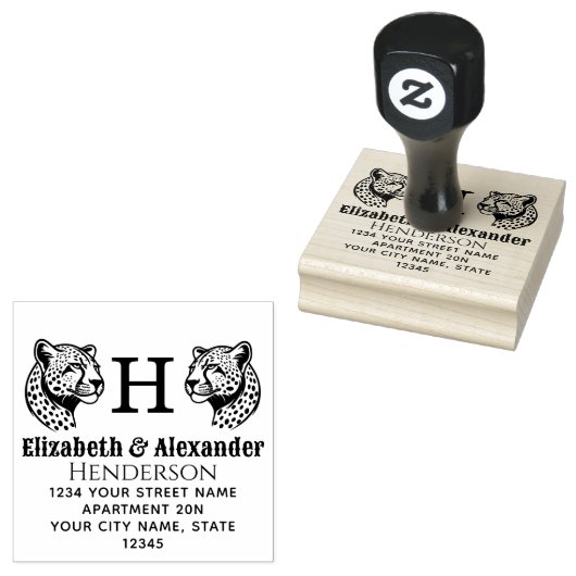 2 Cheetah Head SQ Koppel Naam Init Retouradres Rubberstempel (Gestempeld)