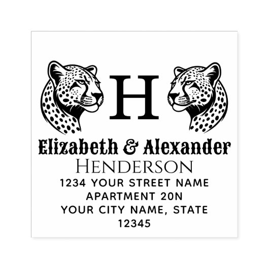 2 Cheetah Head SQ Paar Naam Init Retouradres Rubberstempel (Afrduk)