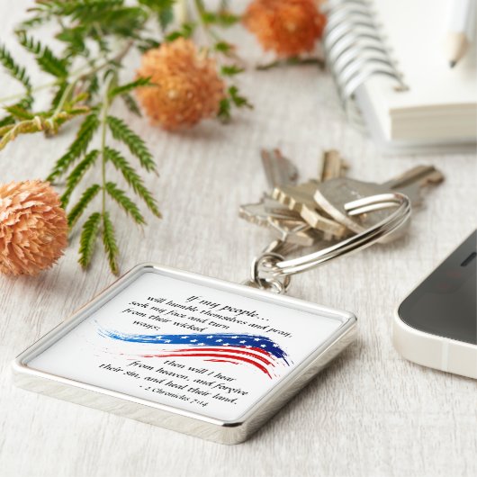 2 Chronicles 7:14 Manuscript, Amerikaanse Vlag Sleutelhanger (Zijkant)