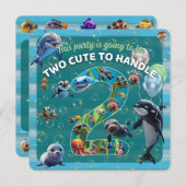 2 Cute 2 Handle Party Rounded Edge Flat Invitation (Voorkant / Achterkant)