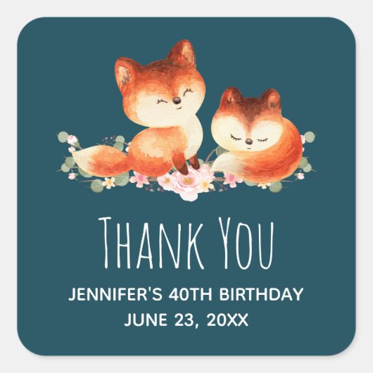2 Cute Red Foxes Waterverf Birthday Hartelijk dank Vierkante Sticker (Voorkant)