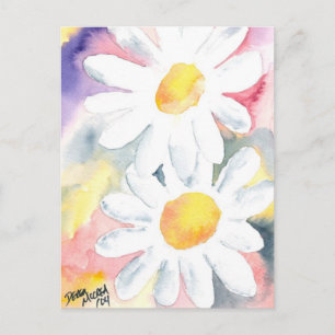 2 daisy flowers watercolor whimsical art painting briefkaart
