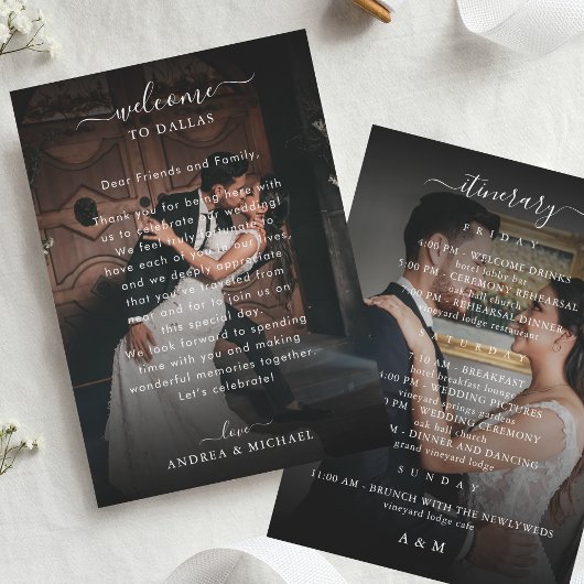 2 Dark Photo Wedding Welkomstbrief reisschema Kaar Kaart