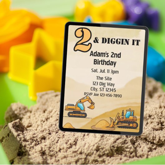 2 & Diggin It, Construction Vehicle 2nd Birthday Kaart