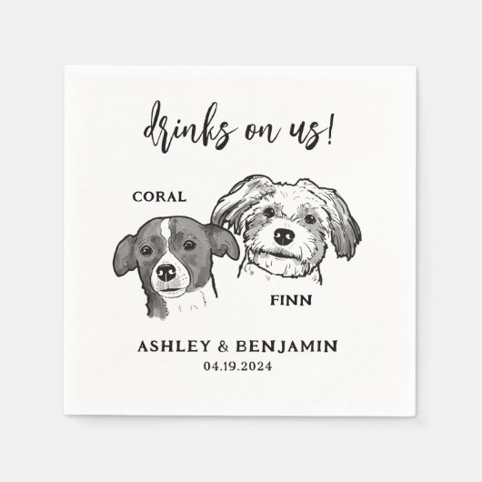 2 Dogs Faces Sketch Pet Drinken op ons bruiloft Servet (Voorkant)