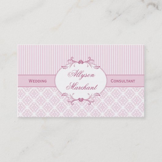 #2 Elegant  Roze Witte Damasbanden Visitekaartje (Voorkant)