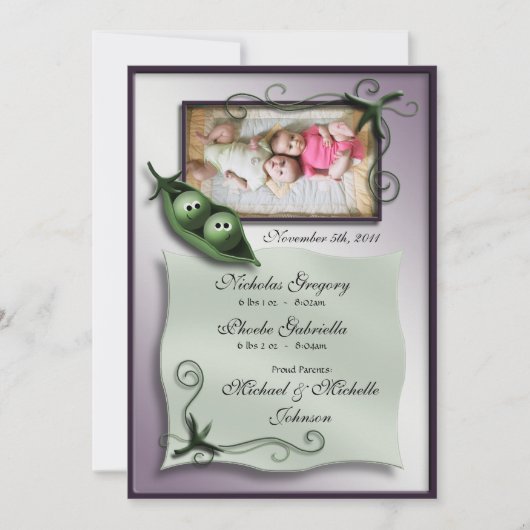 2 erwten in een pod tweeling geboorte aankondiging (Voorkant)