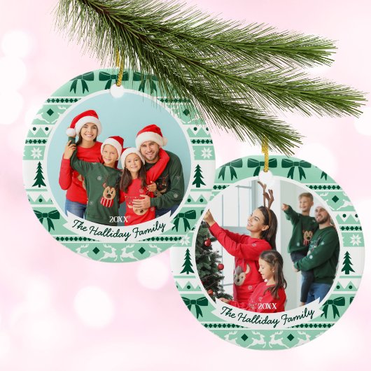 2 Familie Foto Kersttrui Mint Groen Keramisch Ornament