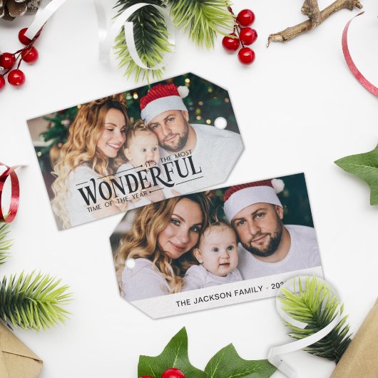 2 familie foto Meest prachtige tijd Kerstmis Cadeaulabel