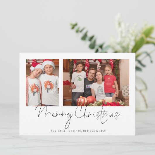 2 Familie Foto's Collage Naam Merry Christmas Feestdagenkaart (Staand voorkant)