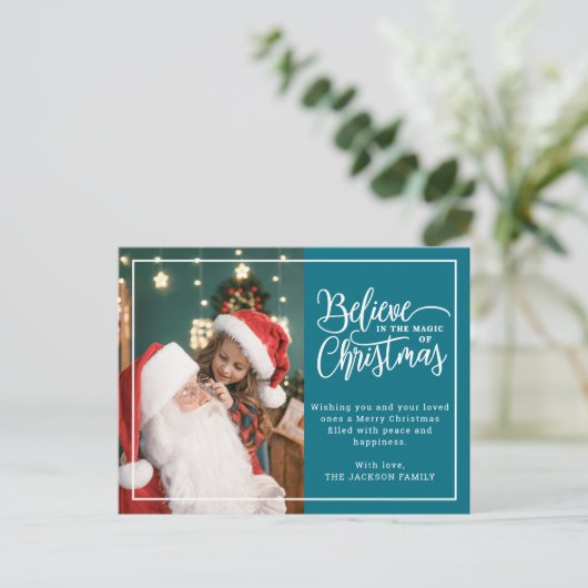 2 familiefoto's blauwgroen Geloof in kerstmagie Feestdagenkaart (Staand voorkant)