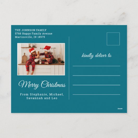 2 familiefoto's blauwgroen Geloof in kerstmagie Feestdagenkaart (Achterkant)