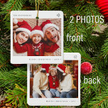 2 familiefoto's eenvoudige Kerstmis minimale plezi Keramisch Ornament<br><div class="desc">Eenvoudige minimalistische typografie Merry Christmas custom foto's,  familienaam,  en jaarboom ornament.</div>