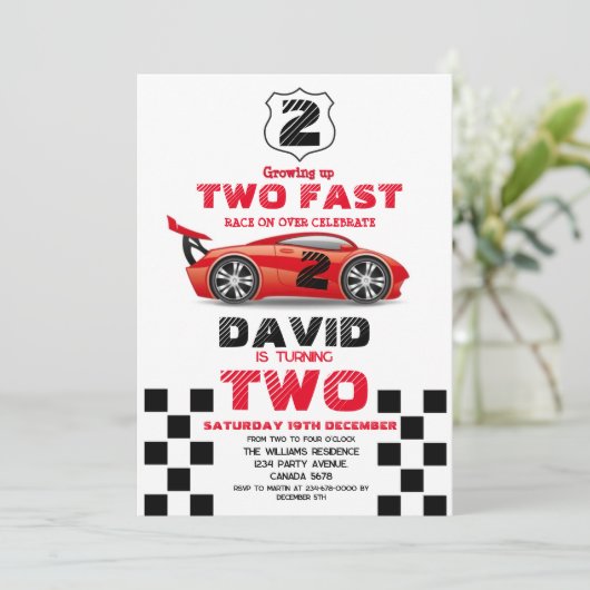 2 Fast Race rode auto thema verjaardagsfeestje Kaart (Staand voorkant)