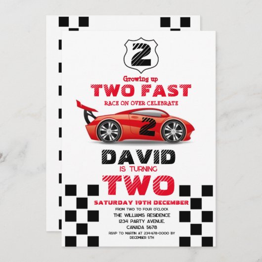2 Fast Race rode auto thema verjaardagsfeestje Kaart (Voorkant / Achterkant)
