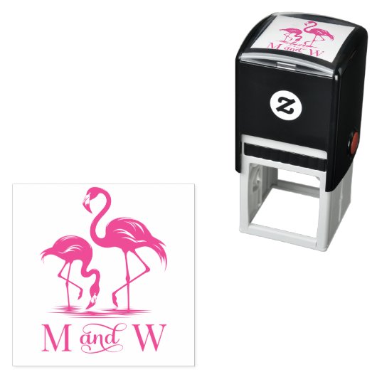 2 Flamingo's Paar Trouwen 2 Initiaal Monogram Zelfinktende Stempel (In situ)