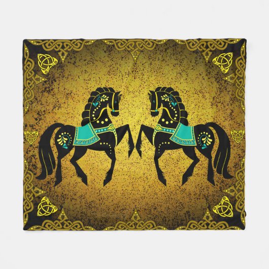 2 Folk Black Friesian Viking hart goud/turquoise Fleece Deken (Voorkant (Horizontaal))