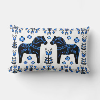 2 Folk Dala Horse/Folk floral/Friesian, zwart/blau Kussen