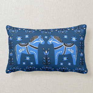 2 Folk Dala Paard/Folk bloem, wit/blauw/dk blauw  Kussen