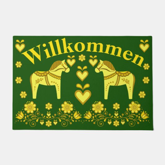 2 Folk Friesian, goud/bos Willkommen, welkom Deurmat (Voorkant)