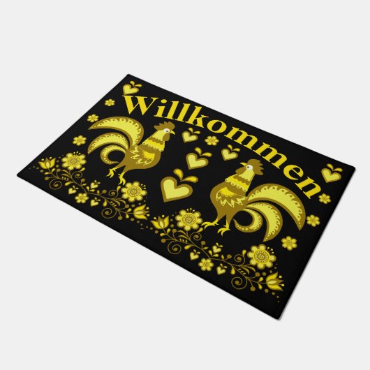 2 Folk Roosters, goud/zwart Willkommen, welkom Deurmat (Schuin)