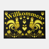 2 Folk Roosters, goud/zwart Willkommen, welkom Deurmat (Voorkant)