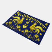2 Folk Roosters, gouden/blauwe Willkommen, welkom Deurmat (Schuin)