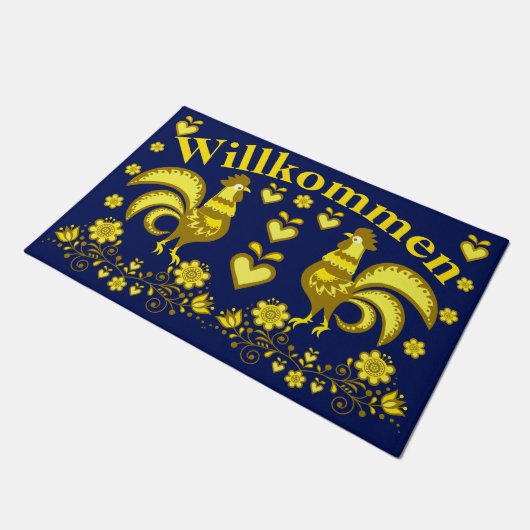 2 Folk Roosters, gouden/blauwe Willkommen, welkom Deurmat (Schuin)