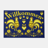 2 Folk Roosters, gouden/blauwe Willkommen, welkom Deurmat (Voorkant)