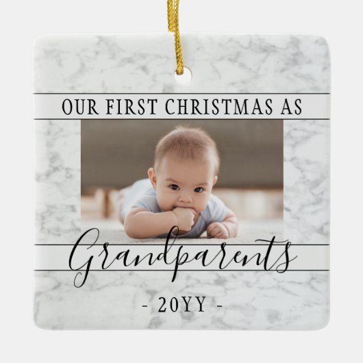 2 Foto 1st Xmas Grandouders Script Faux Marble Keramisch Ornament (Voorkant)