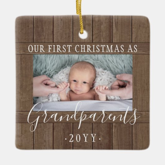 2 Foto 1st Xmas grootouders Rustic Faux Wood Keramisch Ornament (Voorkant)
