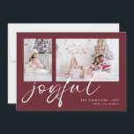 2 Foto 2025 Kalender Joyful Christmas Bourgogne Feestdagenkaart<br><div class="desc">Modern 2 foto's Family Script 2025 Kalender Joyful Christmas Bourgondië. Digitaal beschikbaar en geprint. Vervang eenvoudig de twee voorbeeldfoto's door uw eigen foto's en personaliseer met uw namen. Joyful is in een stijlvol speels setscript in het wit dat desgewenst kan worden gewijzigd in een andere kleur. Op de achterkant staat...</div>