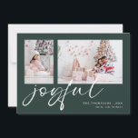2 Foto 2025 Kalender Joyful Christmas Green Feestdagenkaart<br><div class="desc">Modern 2 foto's Family Script 2025 Kalender Joyful Christmas Dark Green. Digitaal beschikbaar en geprint. Vervang eenvoudig de twee voorbeeldfoto's door uw eigen foto's en personaliseer met uw namen. Joyful is in een stijlvol speels setscript in het wit dat desgewenst kan worden gewijzigd in een andere kleur. Op de achterkant...</div>