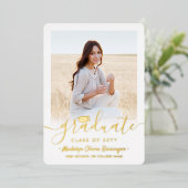 2 Foto Afstuderen Celebration Modern Script Folie Uitnodiging (Staand Voorkant)