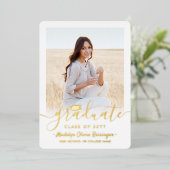 2 Foto Afstuderen Celebration Modern Script Folie Uitnodiging (Staand Voorkant)