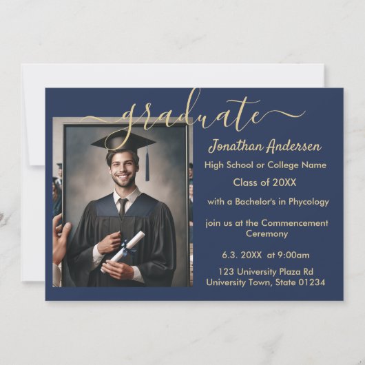 2 Foto Afstuderen Collage Script Navy Blue & Gold Aankondiging (Voorkant)