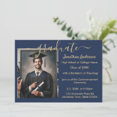 2 Foto Afstuderen Collage Script Navy Blue & Gold Aankondiging (Staand voorkant)