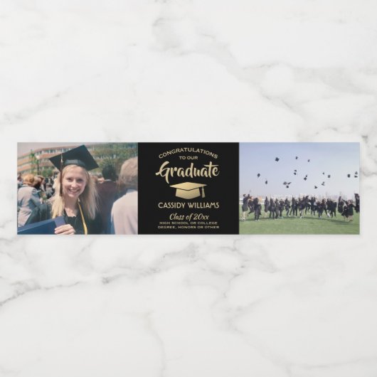 2 Foto Afstuderen Congrates Black en Gold Party Waterfles Etiket (Enkel label)