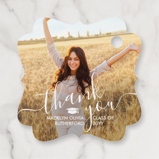 2 Foto Afstuderen Dank u Fancy Witte Manuscript Bedankjes Labels (Achterkant)