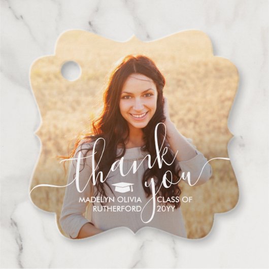 2 Foto Afstuderen Dank u Fancy Witte Manuscript Bedankjes Labels (Voorkant)