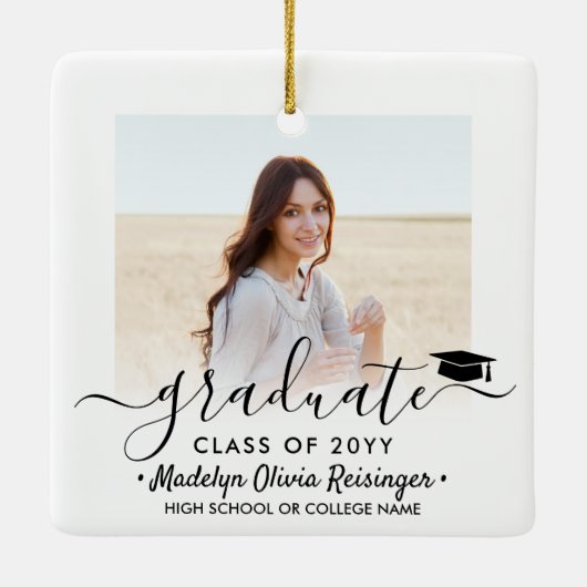 2 Foto Afstuderen Elegant Black Script Class Year Keramisch Ornament (Achterkant)