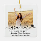 2 Foto Afstuderen Elegant Black Script Class Year Keramisch Ornament (Voorkant)