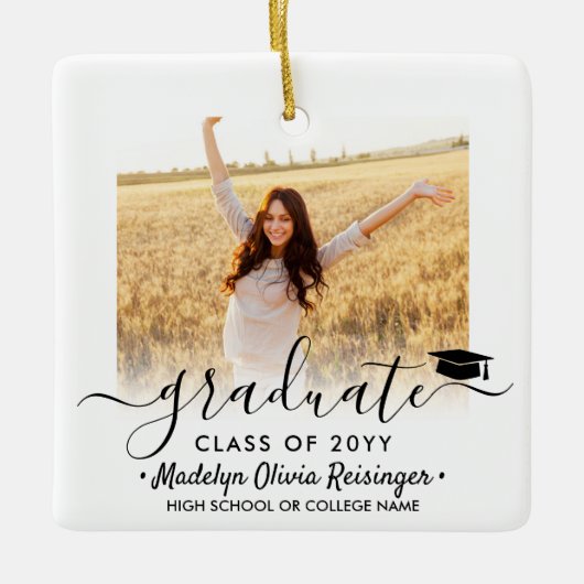 2 Foto Afstuderen Elegant Black Script Class Year Keramisch Ornament (Voorkant)