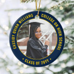 2 Foto Afstuderen Elegant Navy Blue Gold Yellow Keramisch Ornament<br><div class="desc">Herdenking van het succes van de afgestudeerde met een elegant blauw en goudgewas, aangepast aan twee afstuderen kerstversieringen met foto's. Afbeeldingen en alle tekst zijn eenvoudig aan te passen en kunnen op voor en achter verschillend zijn. (AFBEELDING & TEKST ONTWERPTIPS: 1) Om de positie van de formulering aan te passen,...</div>