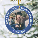 2 Foto Afstuderen geborsteld Royal Blue en White Keramisch Ornament<br><div class="desc">Herdenking van het succes van de afgestudeerde met een elegant blauw en wit aangepast, twee afstuderen kerstsieraden met foto's. Afbeeldingen en alle tekst zijn eenvoudig aan te passen en kunnen op voor en achter verschillend zijn. (AFBEELDING & TEKST ONTWERPTIPS: 1) Om de positie van de formulering aan te passen, voeg...</div>
