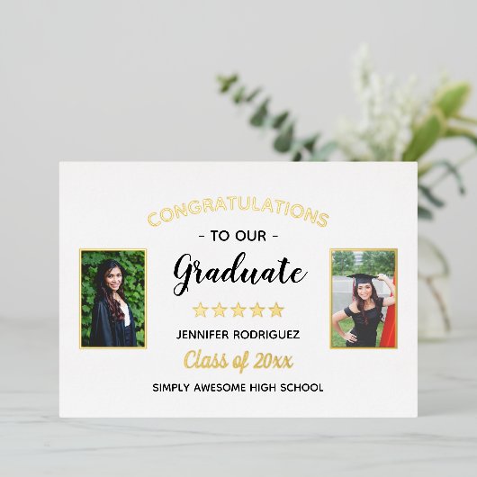 2 Foto Afstuderen Gefeliciteerd Afstuderen Aangepa Folie Uitnodiging (Staand Voorkant)